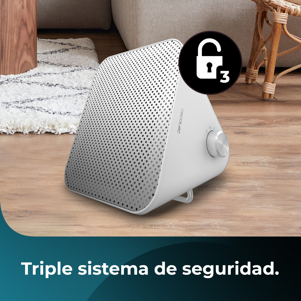 Dispositivo de seguridad blanco con un icono de candado y el texto 'Triple sistema de seguridad' en madera.