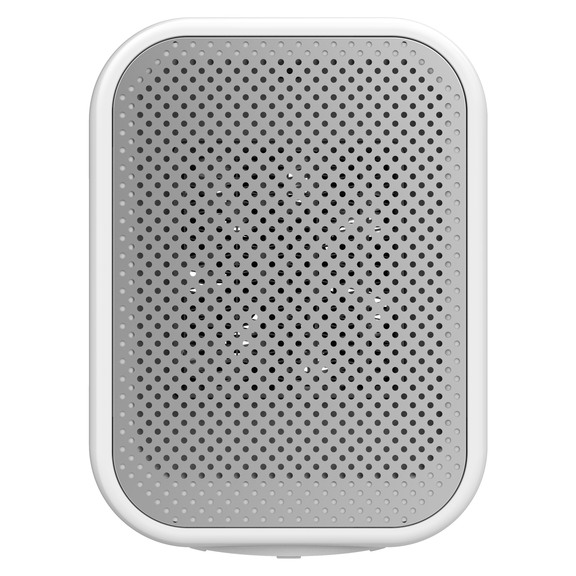 Altavoz blanco con cara plateada perforada, esquinas redondeadas y fondo negro.