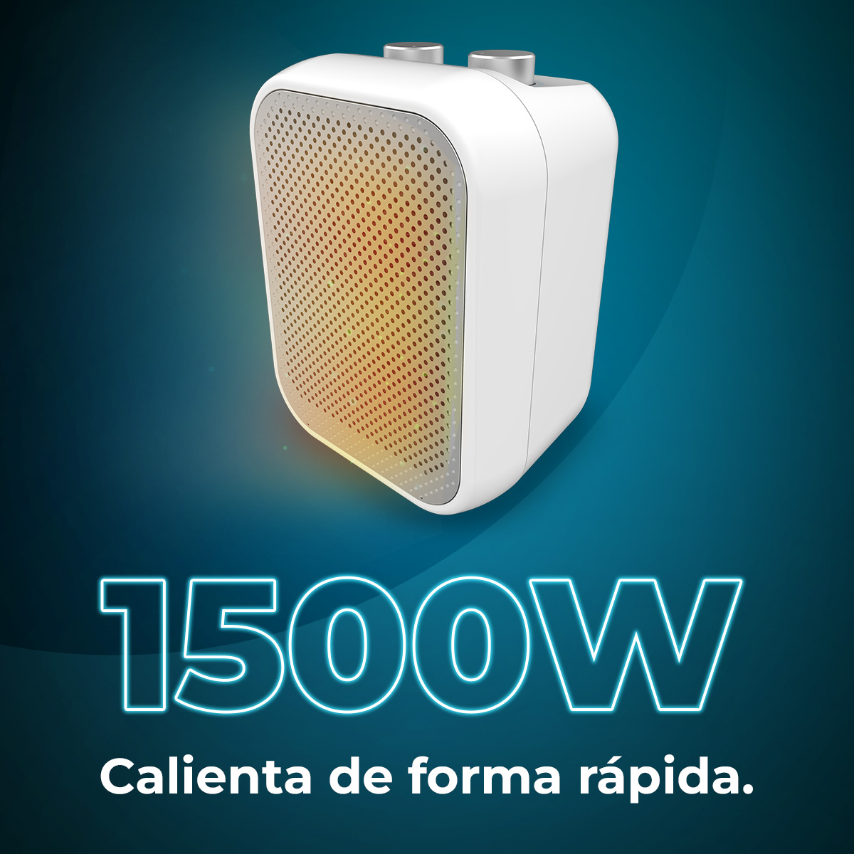 Calentador eléctrico blanco con frente naranja brillante. Fondo azul, texto 1500W.