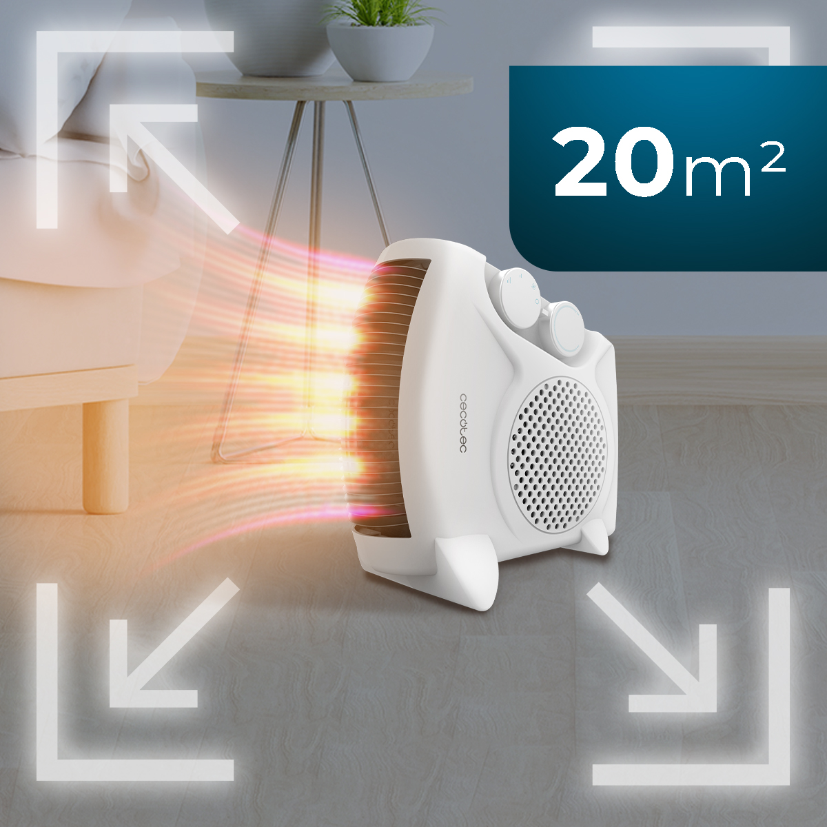Calentador blanco con líneas de flujo de calor y un gráfico de 20m². Está en una habitación con sofá y mesa auxiliar.