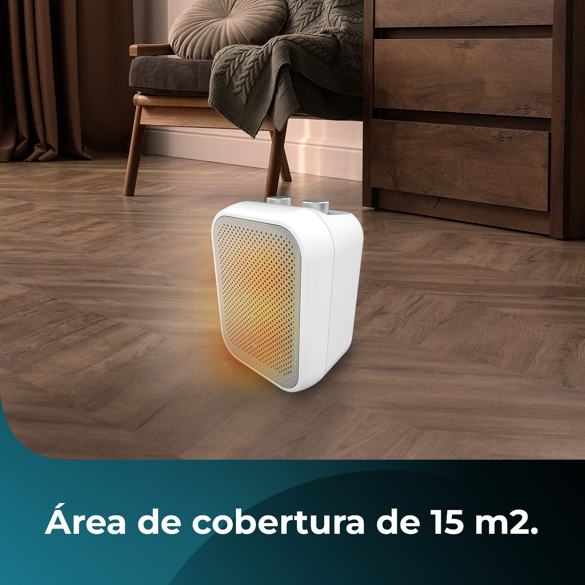 Calentador eléctrico blanco sobre suelo de madera, con un brillo naranja.