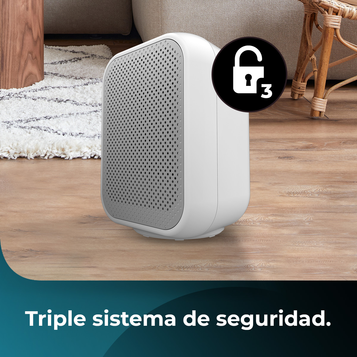 Purificador de aire blanco y gris sobre un piso de madera. Un círculo negro con un icono de candado en la esquina superior derecha.