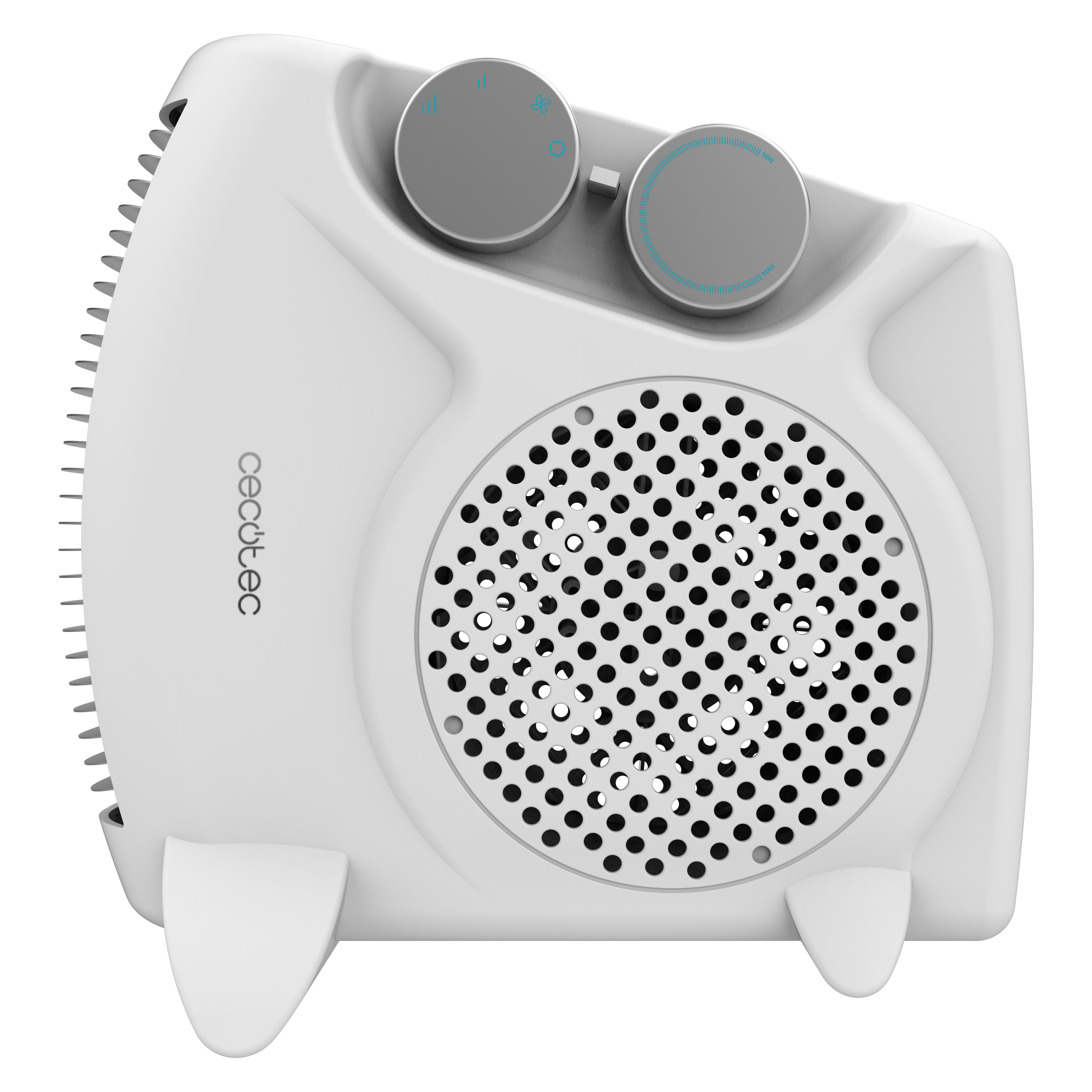 Una mano gira el dial en un calentador blanco, con un logotipo de cecotec.