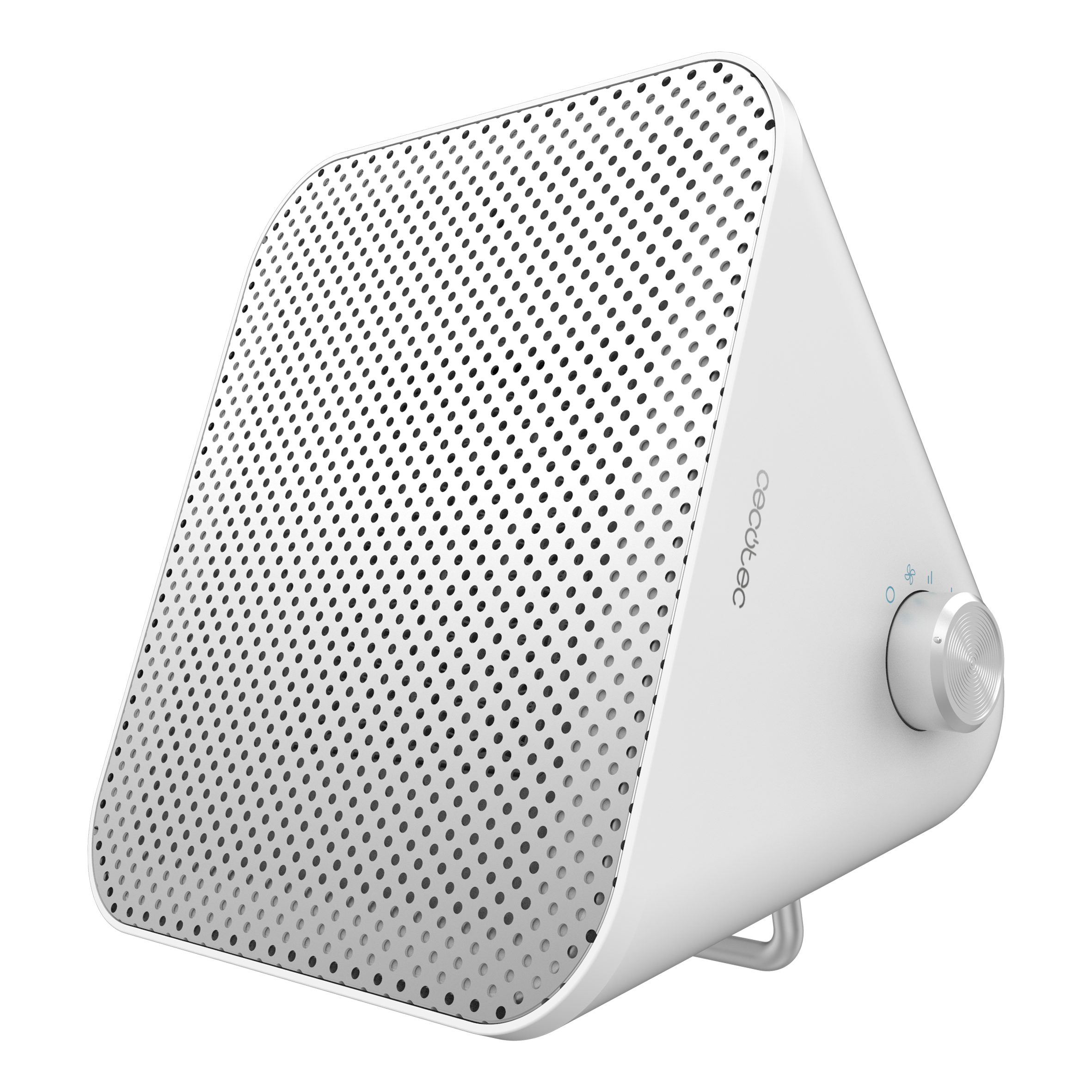 Purificador de aire blanco, triangular. Tiene un frente perforado, un dial y un soporte.