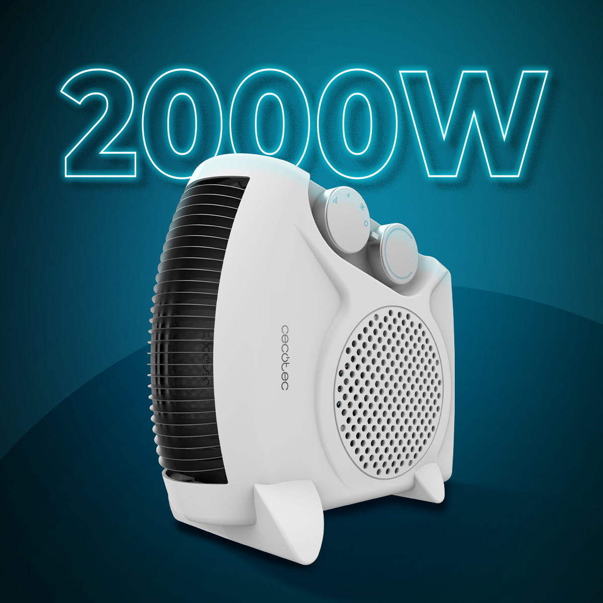 Calentador eléctrico blanco con rejilla negra y texto azul 2000W superpuesto.