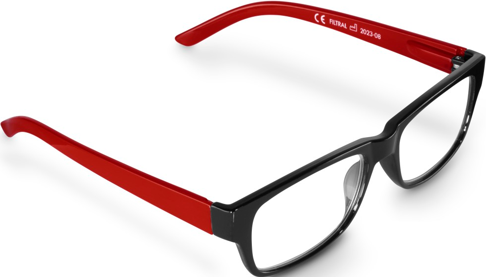 Lunettes noires et rouges avec verres transparents, vues de dessus et de derrière.