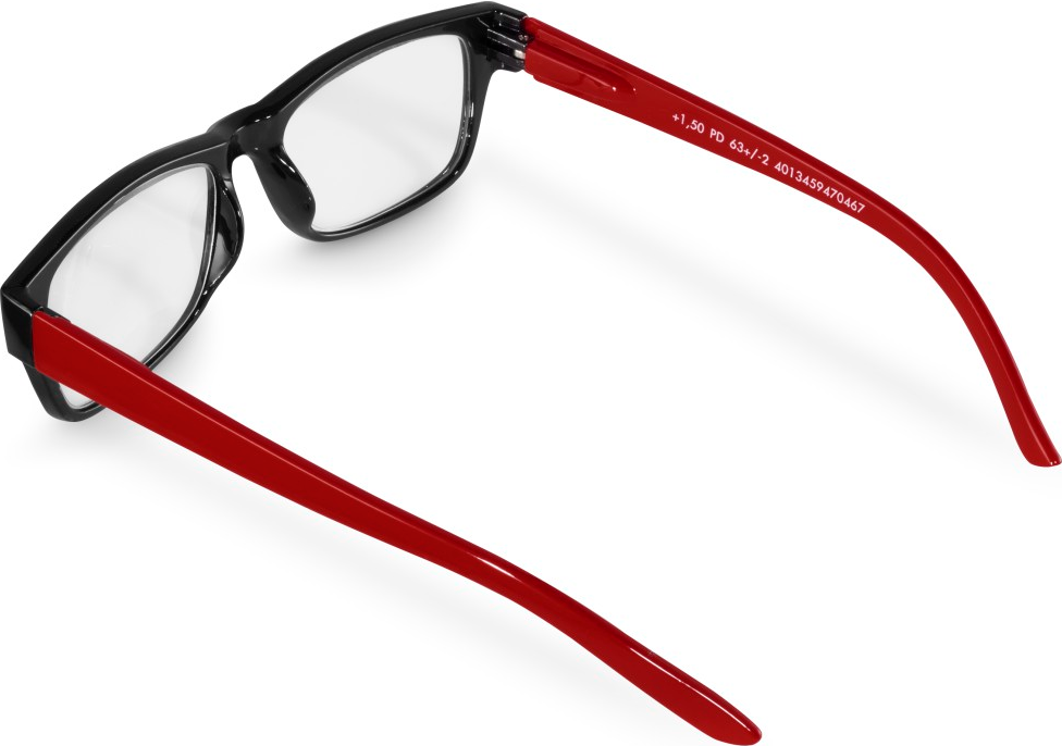 Lunettes noires avec verres transparents, vues de dessus et de derrière.