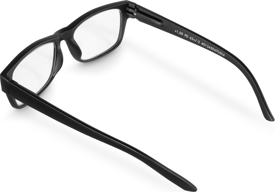 Lunettes de lecture noires, dépliées, sur une surface blanche.