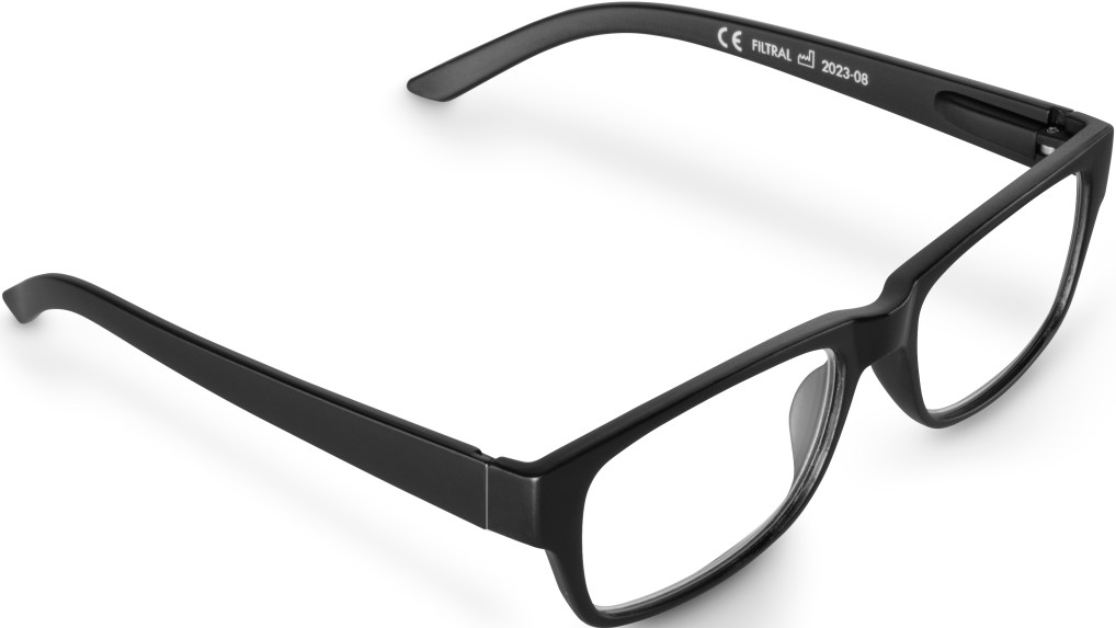 Lunettes noires, monture rectangulaire, sur fond blanc.