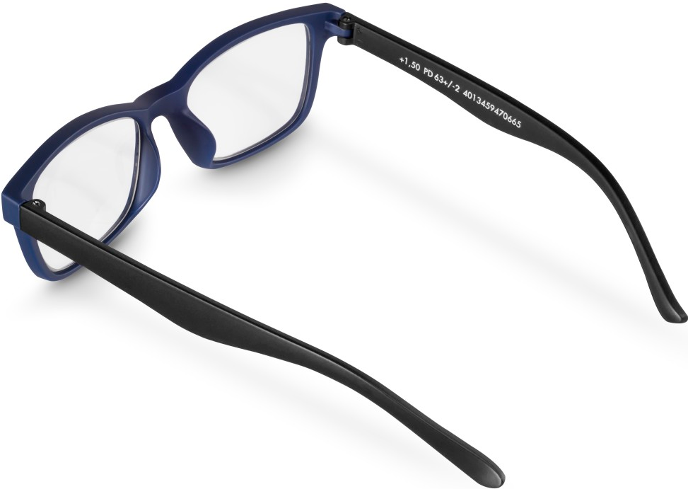 Lunettes bleues et noires, ouvertes, montrant les verres et le texte.