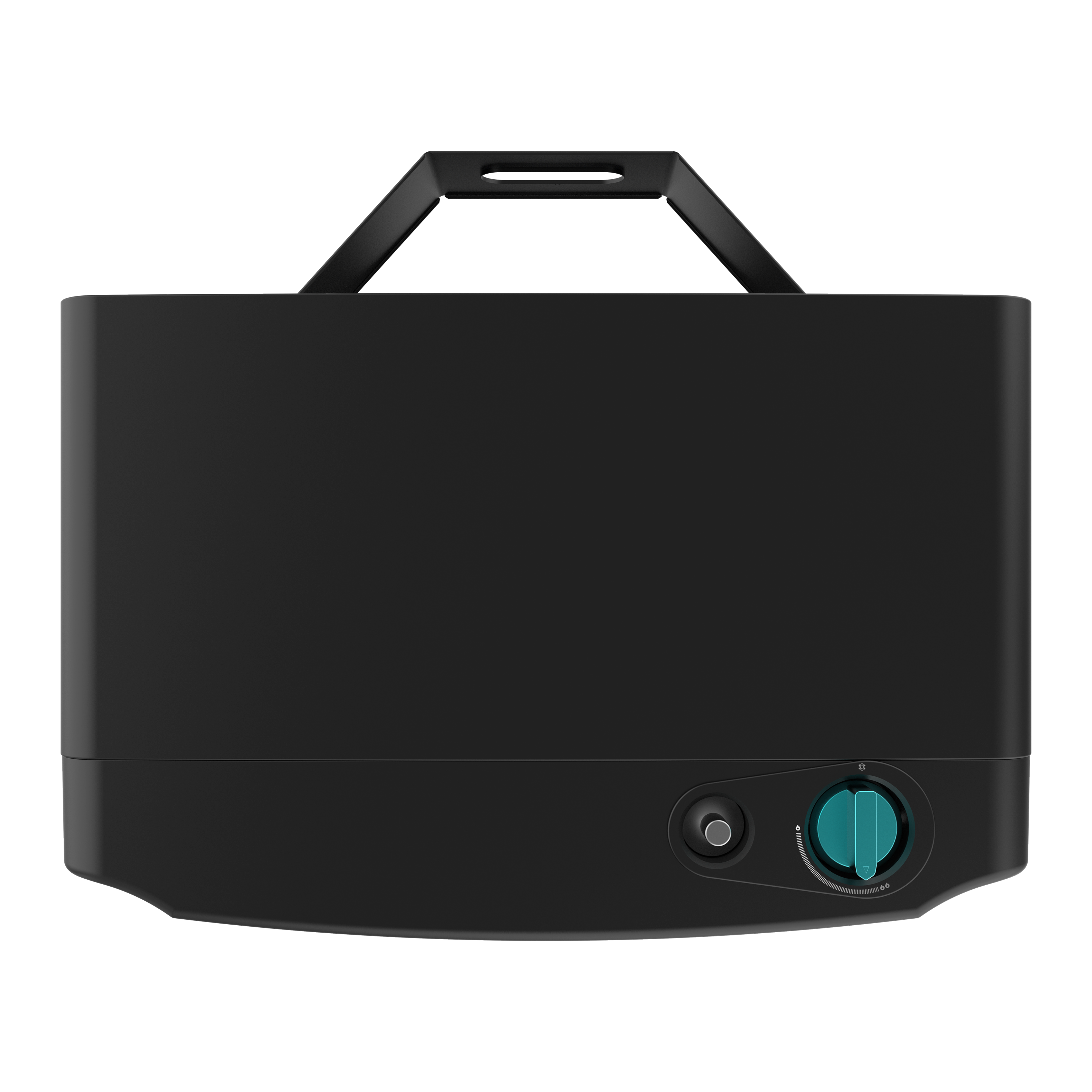 Dispositivo portátil negro con asa y dial de control, acentos turquesa. El fondo es negro.