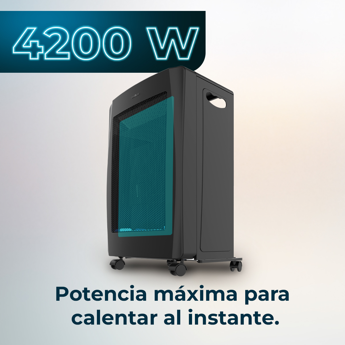 Un calefactor eléctrico negro sobre ruedas con luz azul en el interior y texto en español.