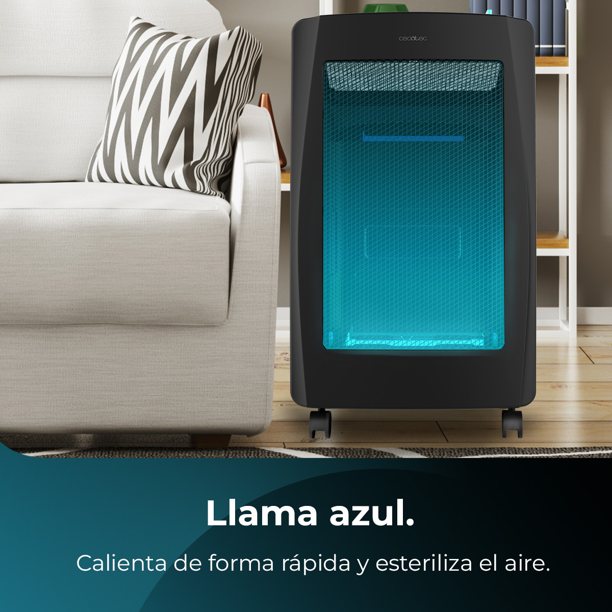 Purificador de aire negro con luz azul y un sofá blanco. Texto en español abajo.