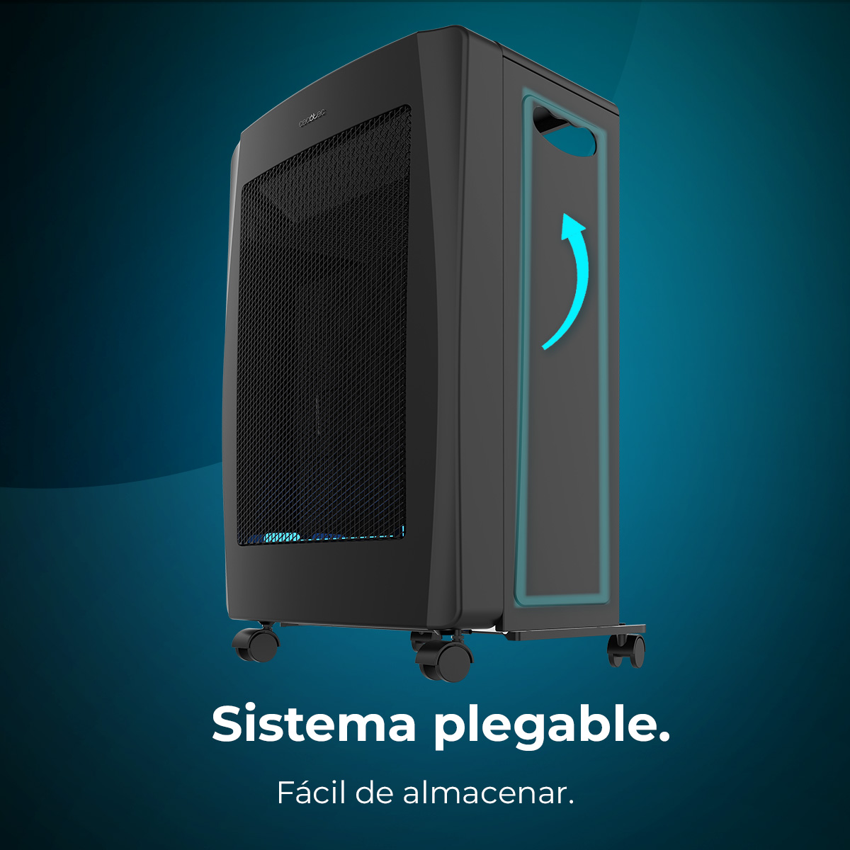 Calentador negro con una flecha azul. El texto dice: Sistema plegable. Fácil de almacenar.