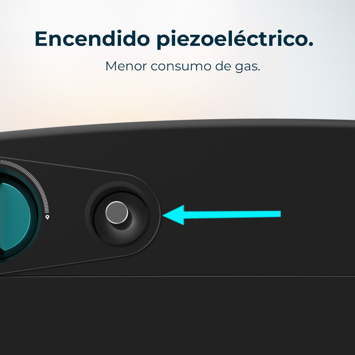 Un electrodoméstico negro con un botón y una flecha azul que apunta al botón.