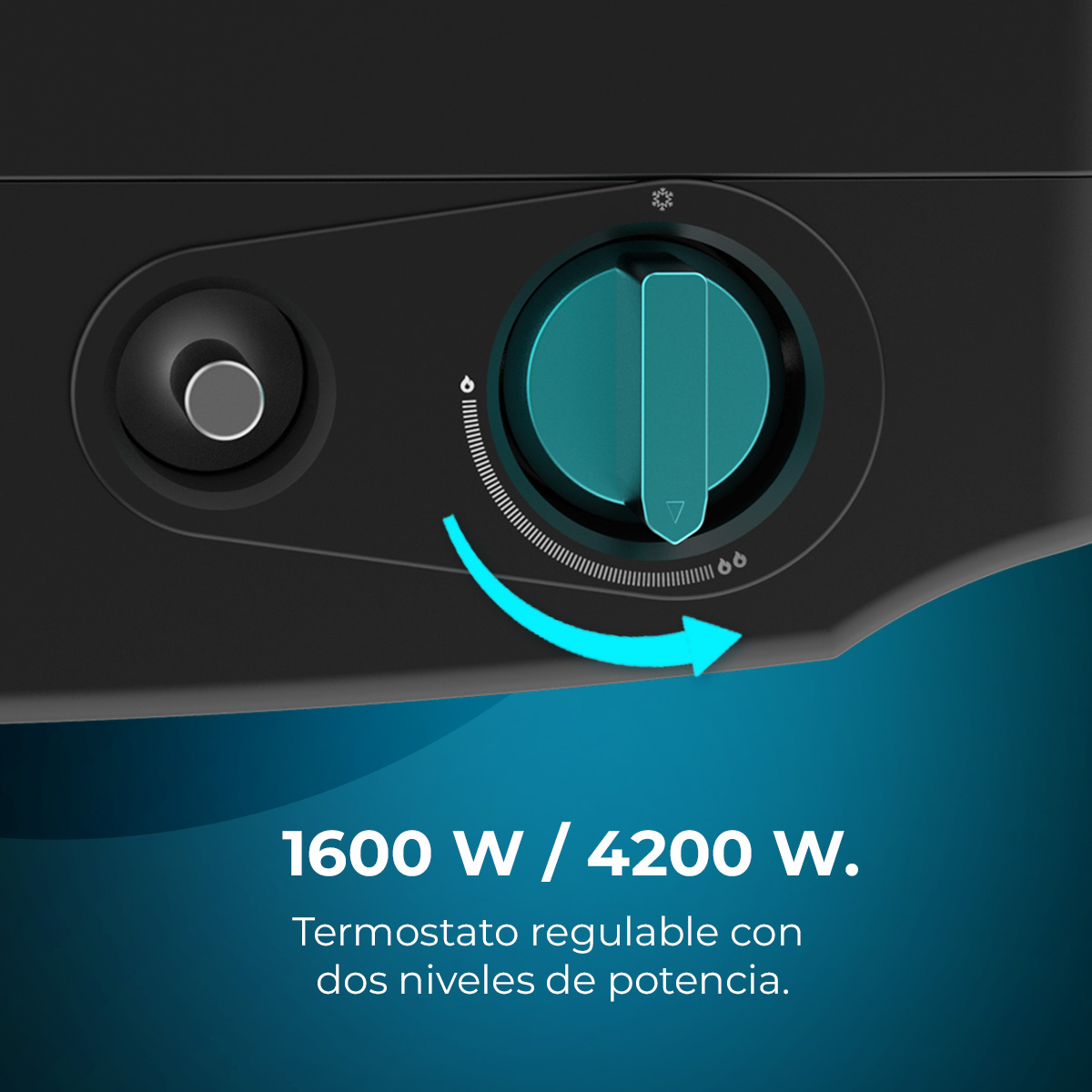 Panel de control de electrodomésticos negro. Perilla turquesa con flecha para control de temperatura, texto 1600W/4200W.