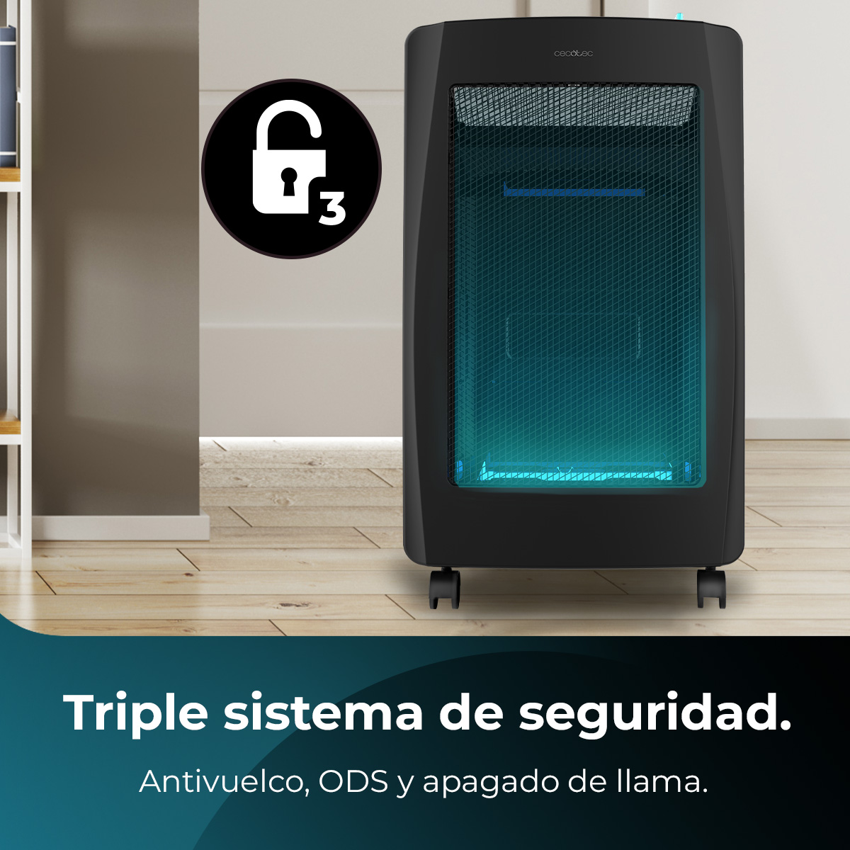 Aire acondicionado negro con rejilla azul iluminada. Texto: 'Triple sistema de seguridad'.