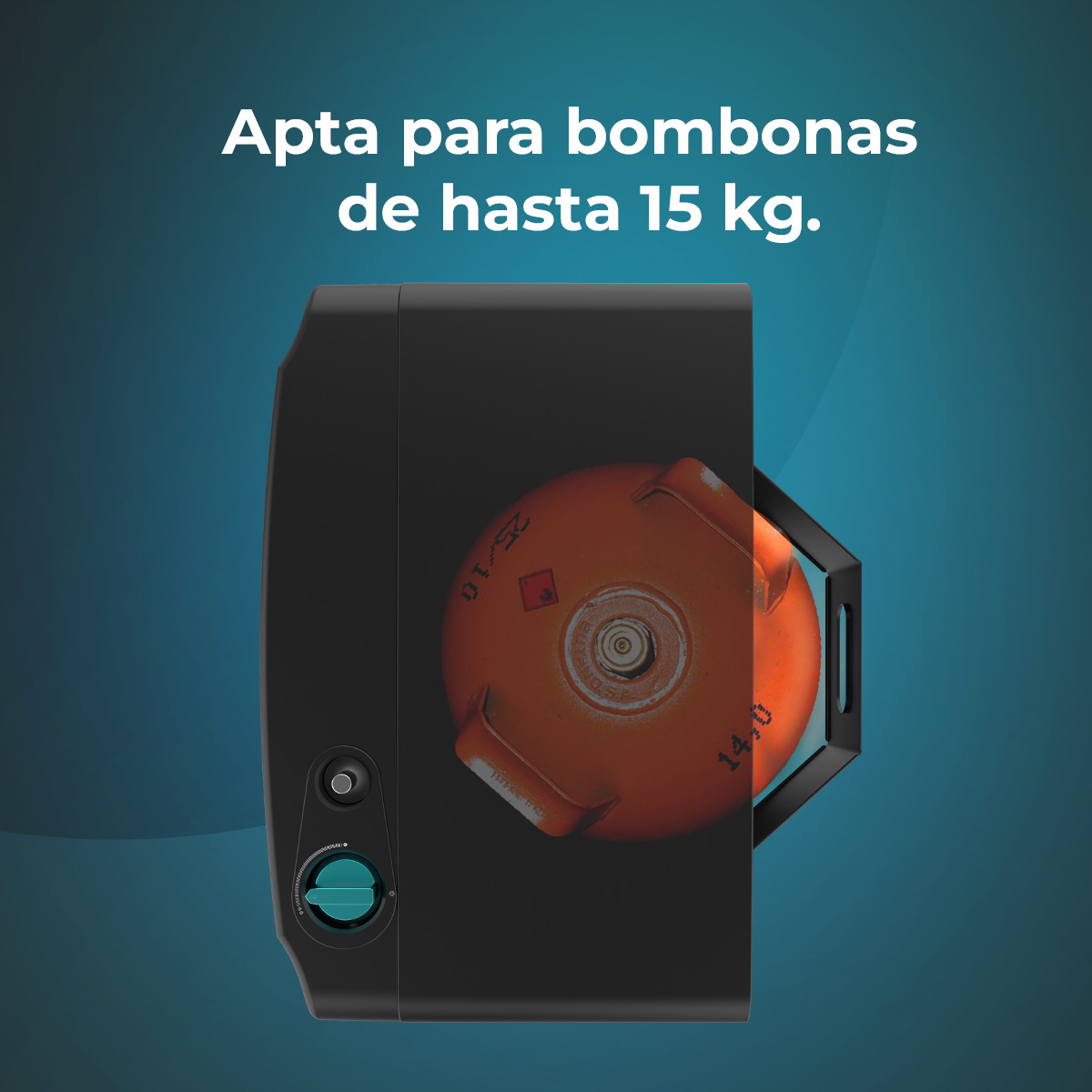 Dispositivo negro con cilindro de gas naranja. Texto superior: apto para cilindros de 15 kg.