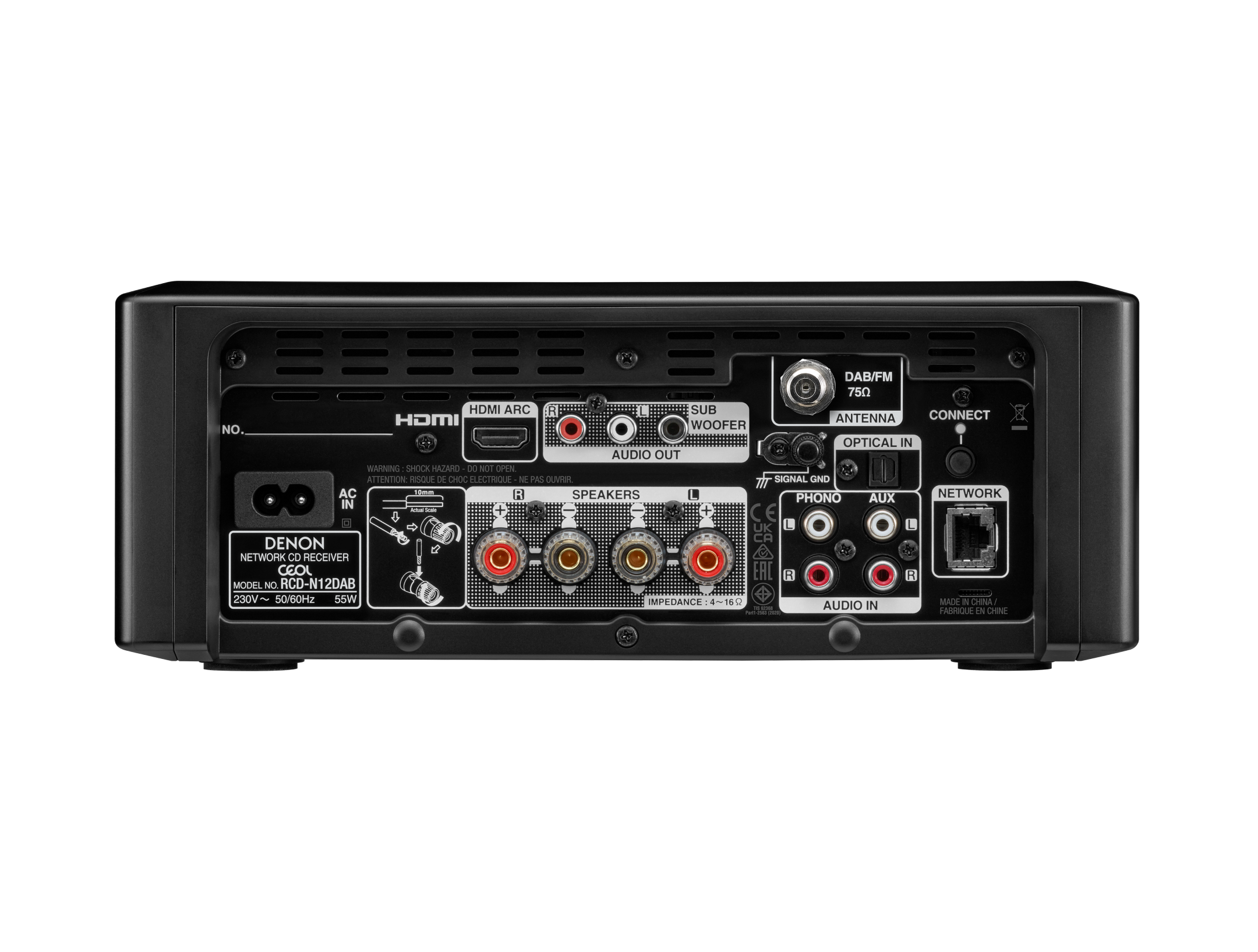 Rückseite eines schwarzen Audio-Receivers mit mehreren Anschlüssen und Verbindungen.
