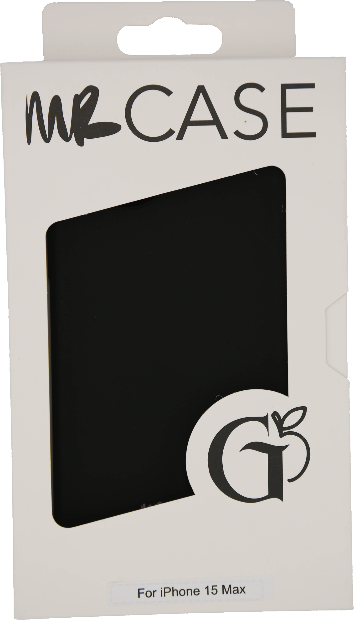 Boîte blanche avec étui rectangulaire noir. La boîte indique 'MR CASE' et 'For iPhone 15 Max'.