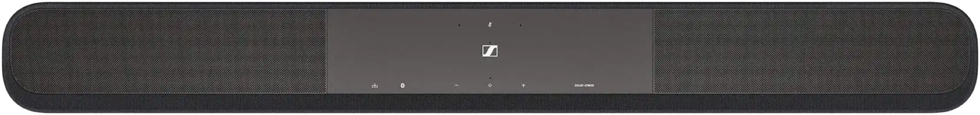 Hosszú, fekete soundbar a Sennheiser logóval középen. Gombok láthatók alul.