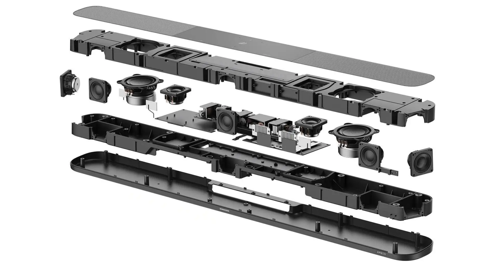 A soundbar robbantott nézete, a belső alkatrészeket mutatva.