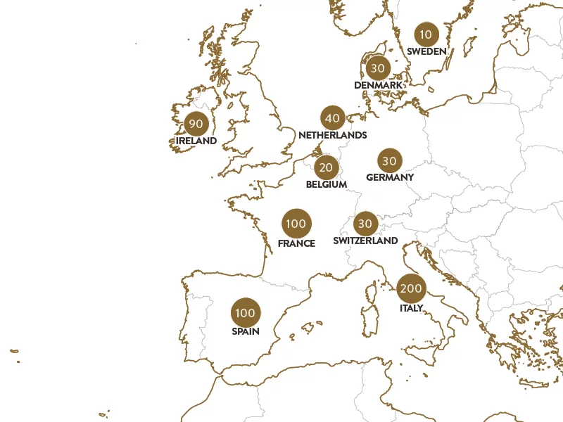Mappa dell'Europa con cerchi numerati che indicano luoghi e nomi di paesi.