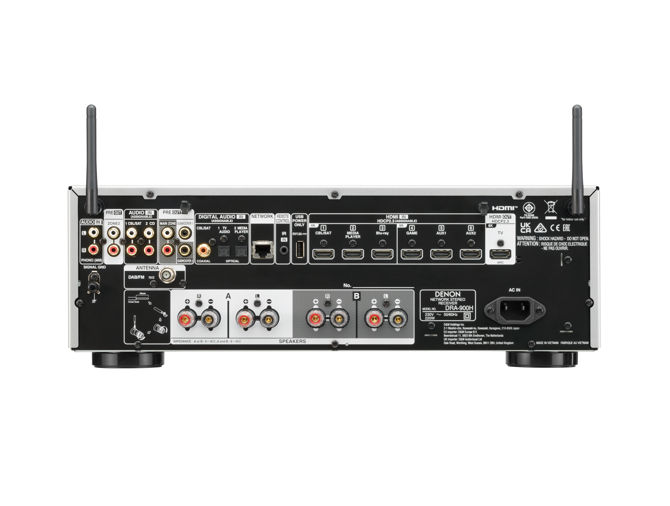 Rückseite eines Denon Netzwerk-Receivers, mit verschiedenen Ein-/Ausgängen und Anschlüssen.