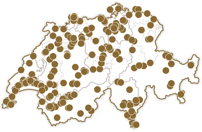Mappa della Svizzera con cerchi marroni che contrassegnano le posizioni. La mappa è su sfondo bianco.