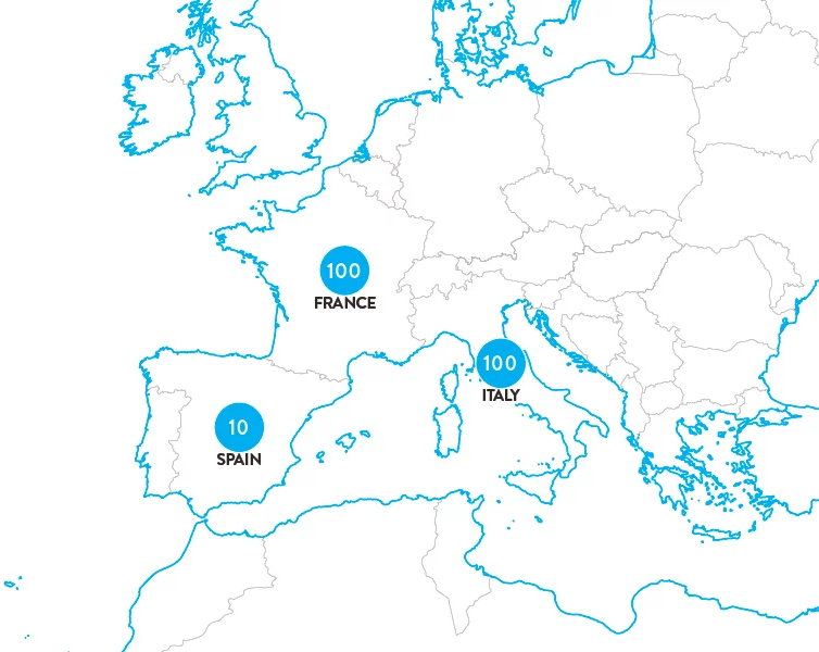 Mappa dell'Europa con Spagna, Francia e Italia evidenziate con numeri che indicano la distribuzione.