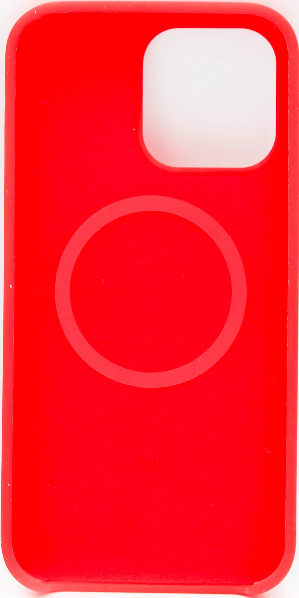 Coque de téléphone rouge avec cercle blanc, pour un téléphone avec caméra.
