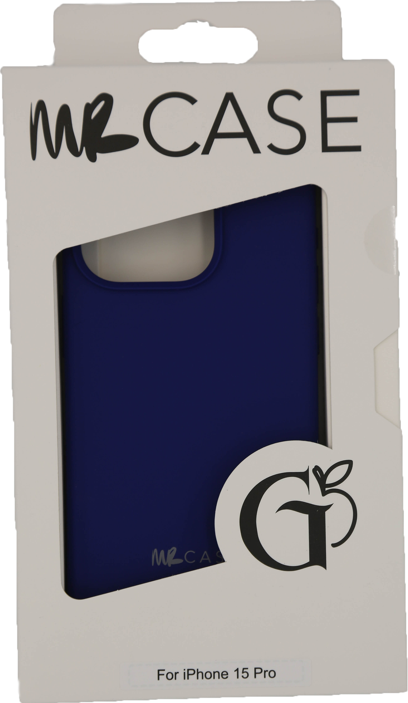 Blaue Handyhülle in weißer Box, mit Logo. Für iPhone 15 Pro.