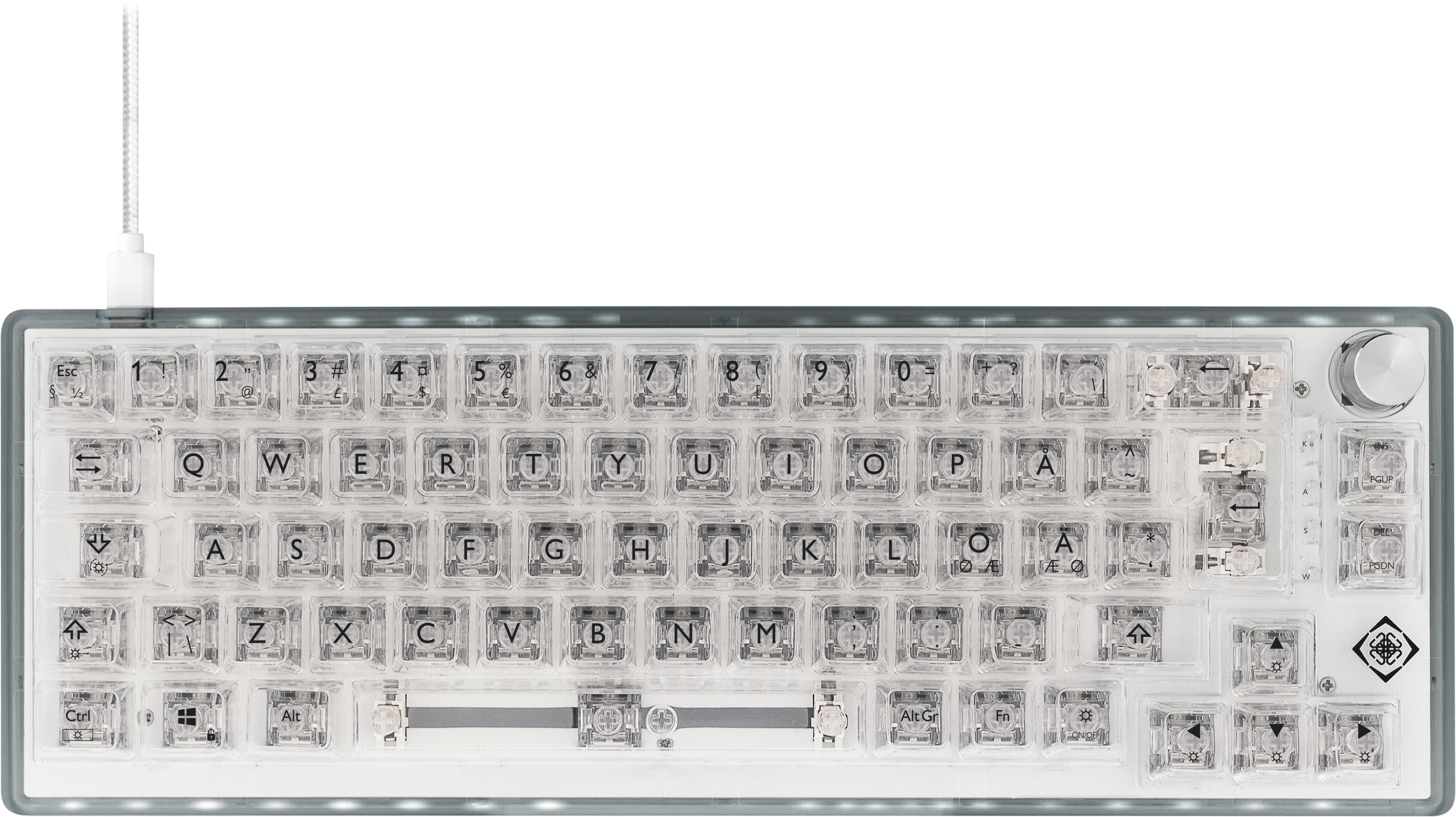 Eine hintergrundbeleuchtete mechanische Tastatur mit transparenten Tastenkappen und silbernem Rahmen.