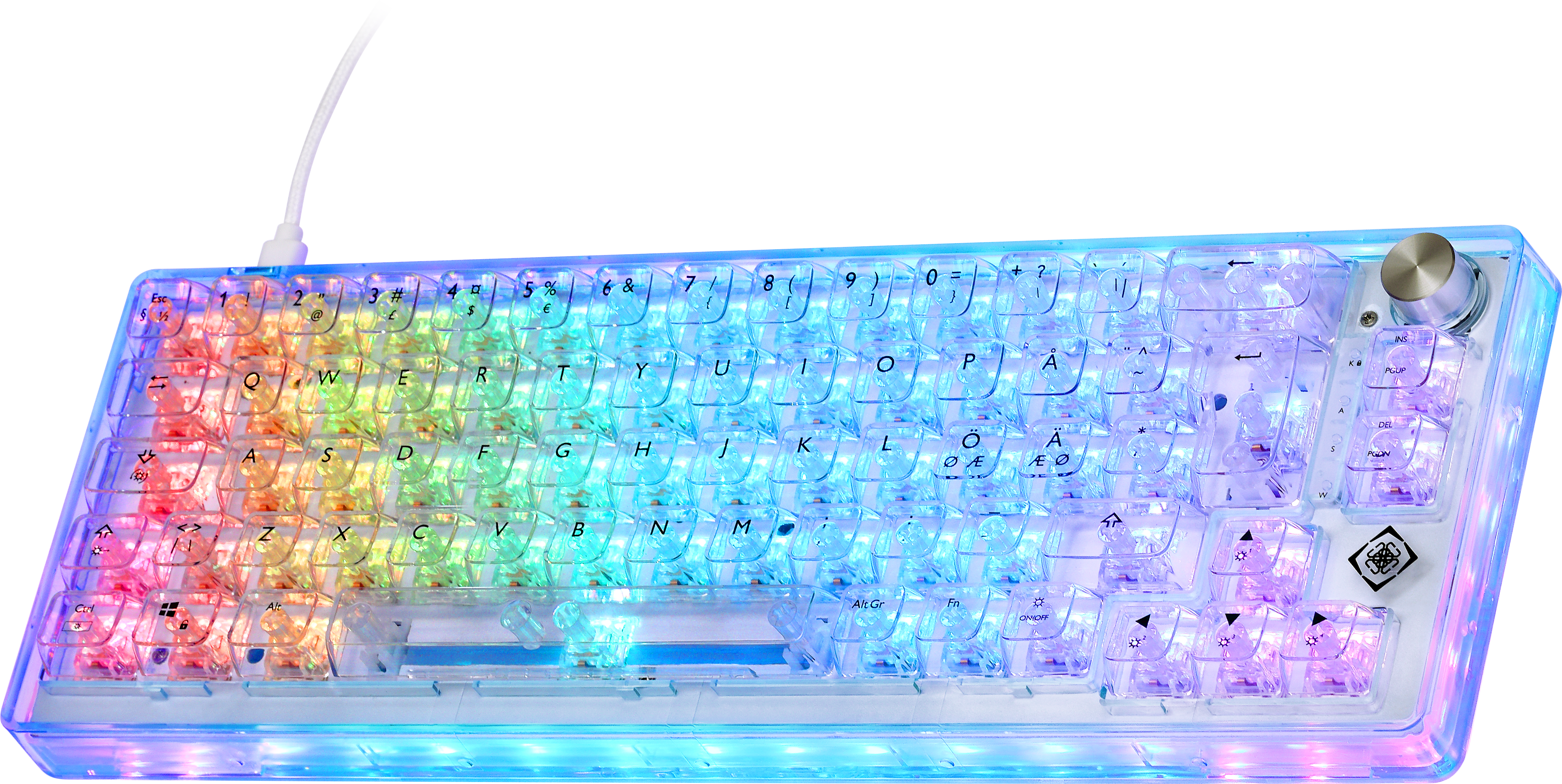 Eine regenbogenfarbene Tastatur mit transparenten Tasten auf weißem Grund.