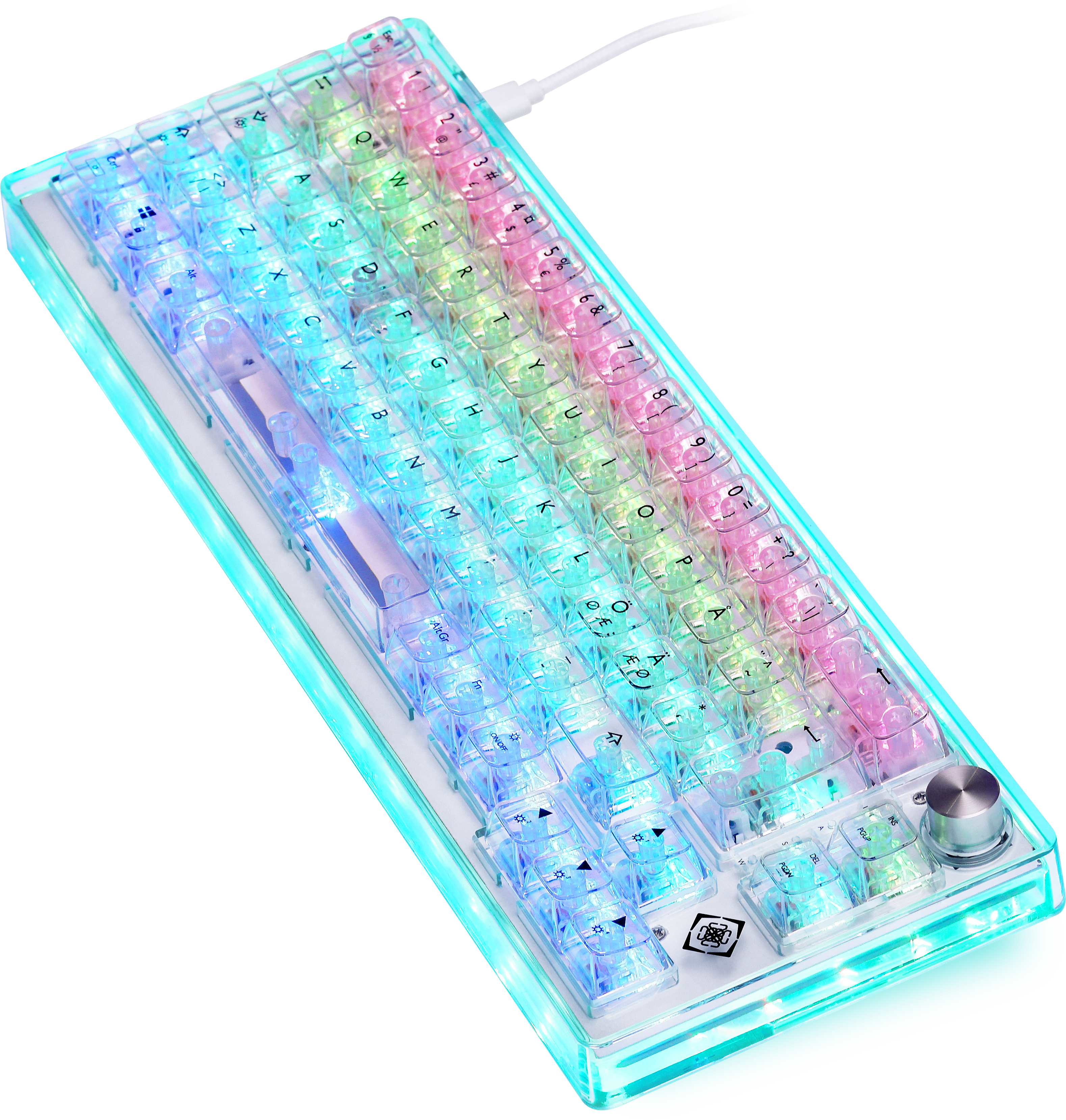Eine farbenfrohe, beleuchtete Tastatur mit transparenten Tasten und einem Lautstärkeregler.