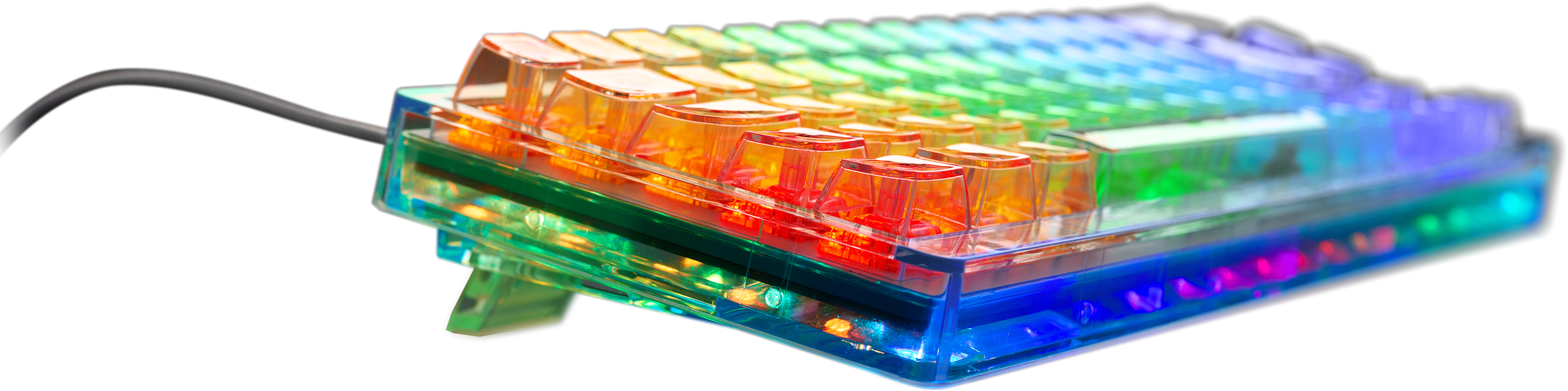 Eine farbenfrohe, beleuchtete Tastatur mit transparenten Tastenkappen, die RGB-Beleuchtung zeigt.