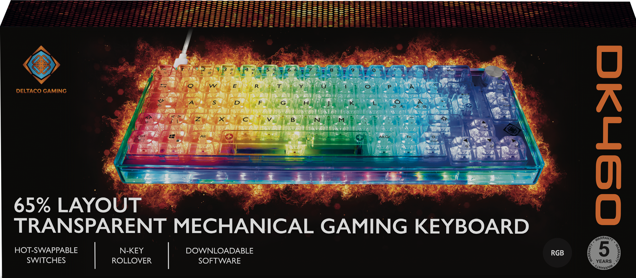 Tastaturkarton mit einer Regenbogen-beleuchteten Tastatur. Text unten beschreibt Merkmale.