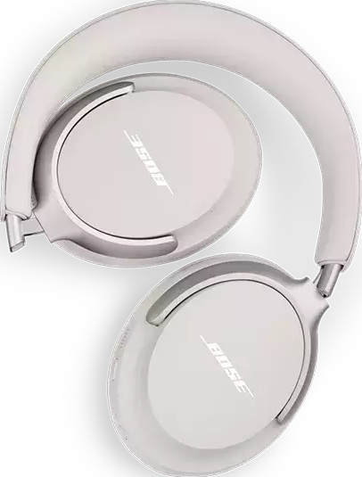 Weiße Bose-Kopfhörer, zusammengeklappt. Bose-Logo sichtbar.
