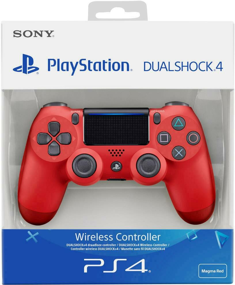 Czerwony kontroler bezprzewodowy PS4 DualShock 4 w pudełku. Kontroler ma przyciski i panel dotykowy.