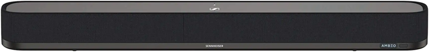 Fekete soundbar, Sennheiser logóval, Ambeo felirattal jobbra.