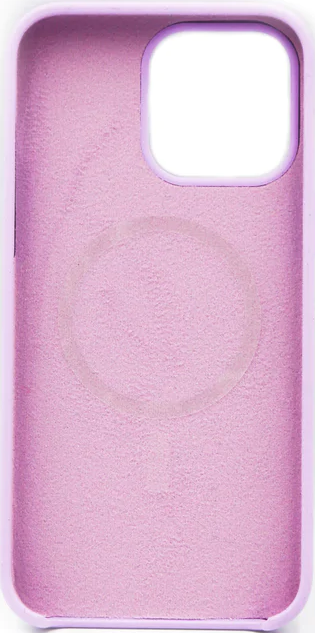 Coque de téléphone rose, avec une zone de chargement MagSafe circulaire, sur fond blanc.