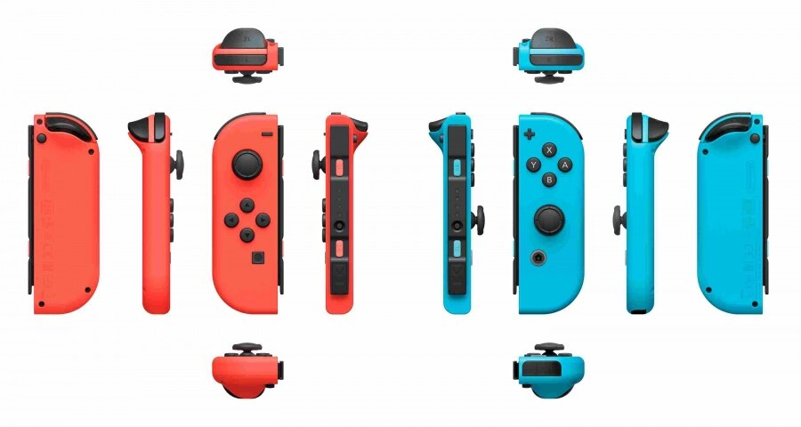 Wiele widoków czerwonych i niebieskich kontrolerów Nintendo Switch Joy-Con oraz odpowiednich górnych mocowań.