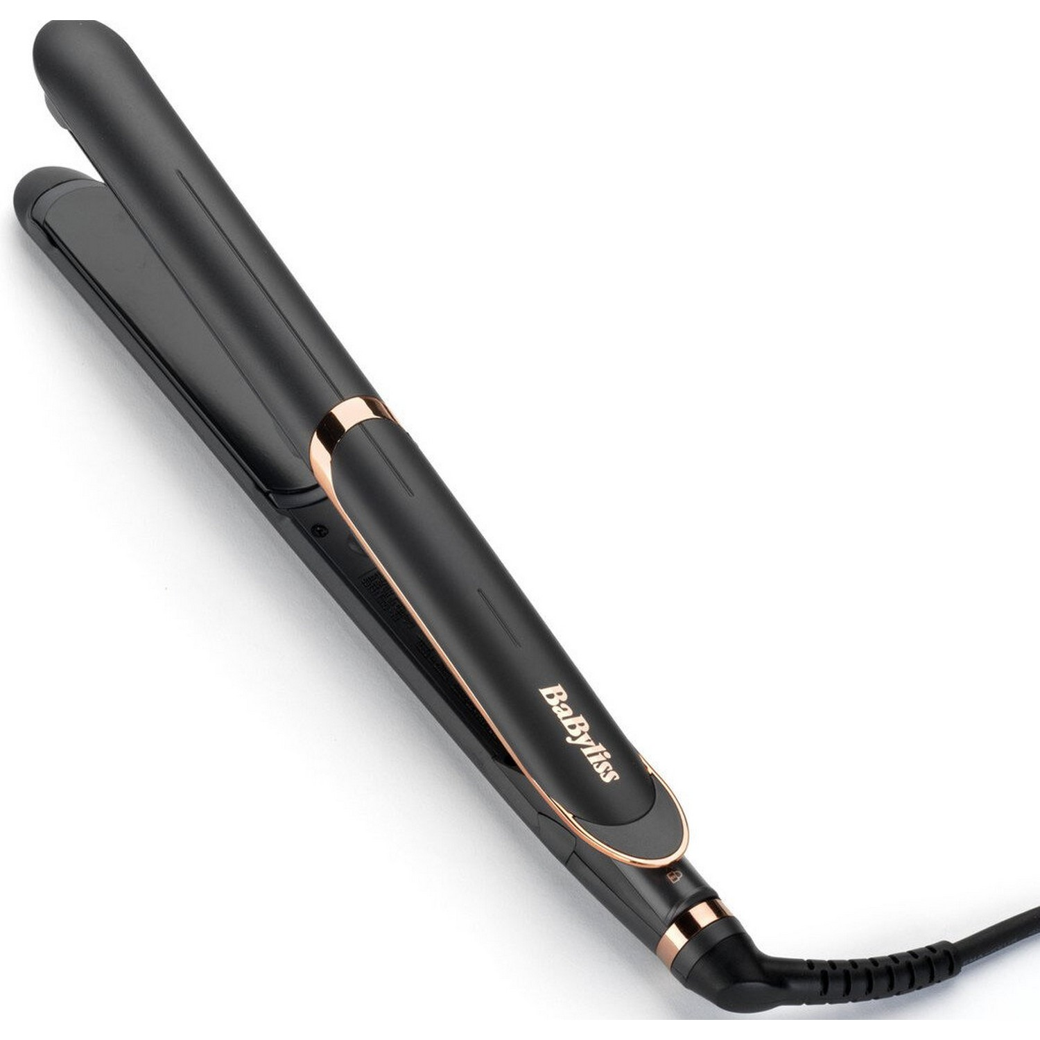 Un lisseur noir et or rose, incliné sur une surface blanche. La marque est 'BaByliss'.
