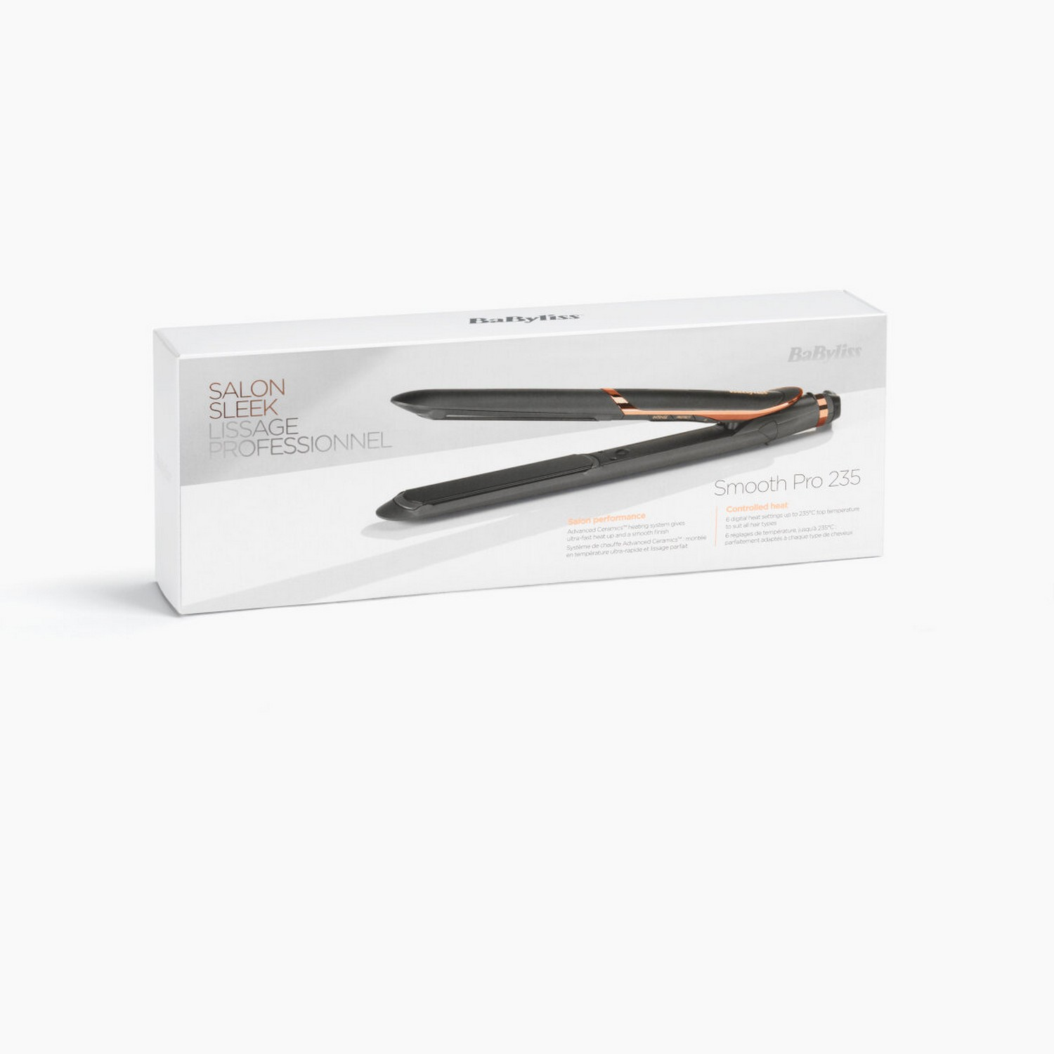 Une boîte blanche de lisseurs BaByliss Smooth Pro 235 avec texte et un fer à lisser noir.