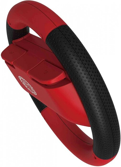 Czerwono-czarna kierownica do konsoli do gier. Posiada przyciski i teksturowany uchwyt dla wygodnego użytkowania.