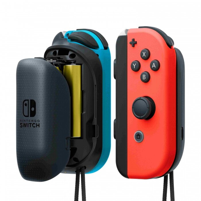 Kontrolery Joy-Con Nintendo Switch, jeden otwarty pokazujący baterię.