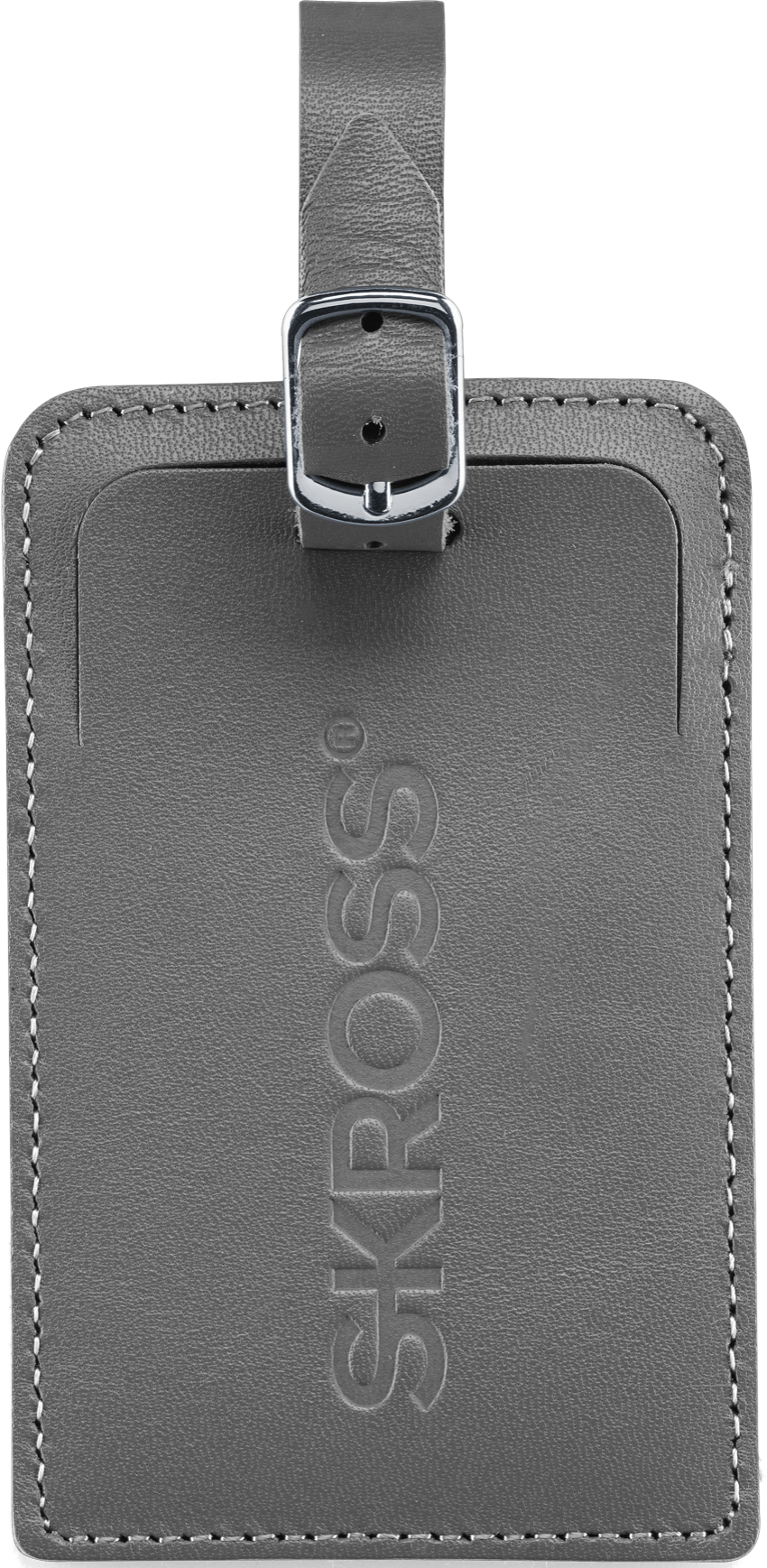 Grauer Gepäckanhänger mit Skross Logo und Schnalle.