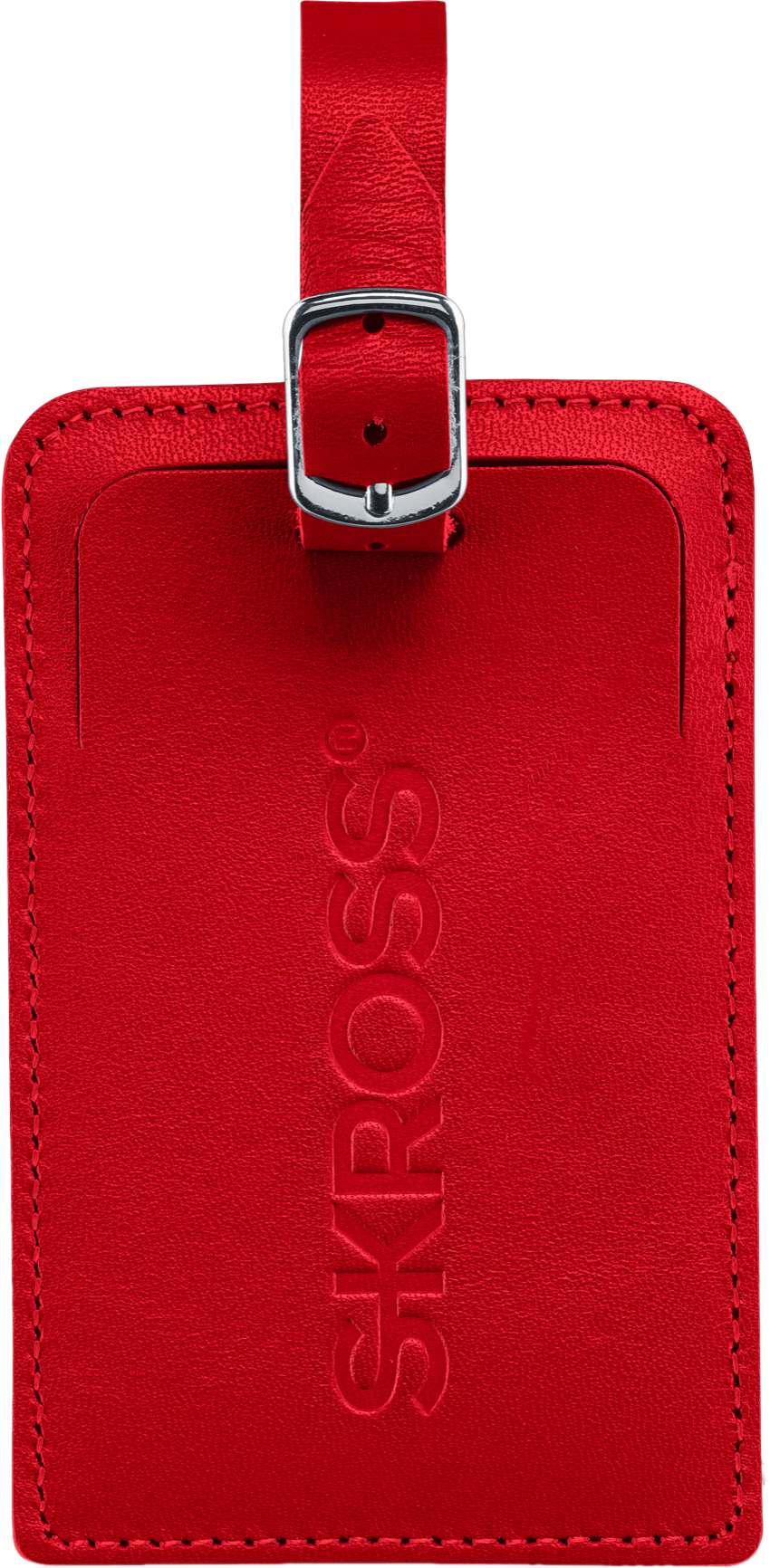 Rotes Gepäckanhänger mit Schnalle und dem Wort 'SKROSS' geprägt.