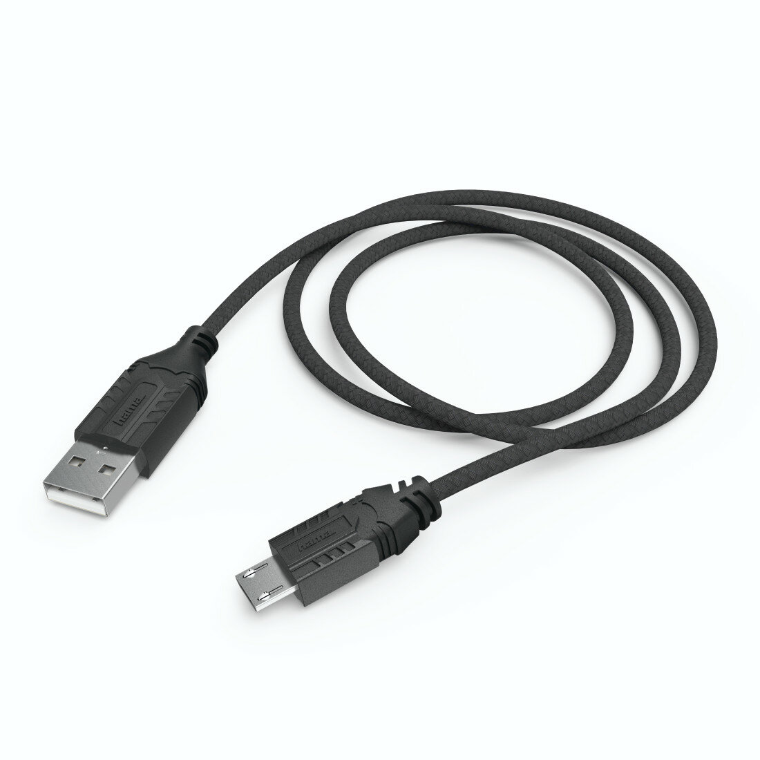 Czarny kabel USB na białym tle. Posiada złącze USB-A i micro-USB połączone okrągłym kablem.