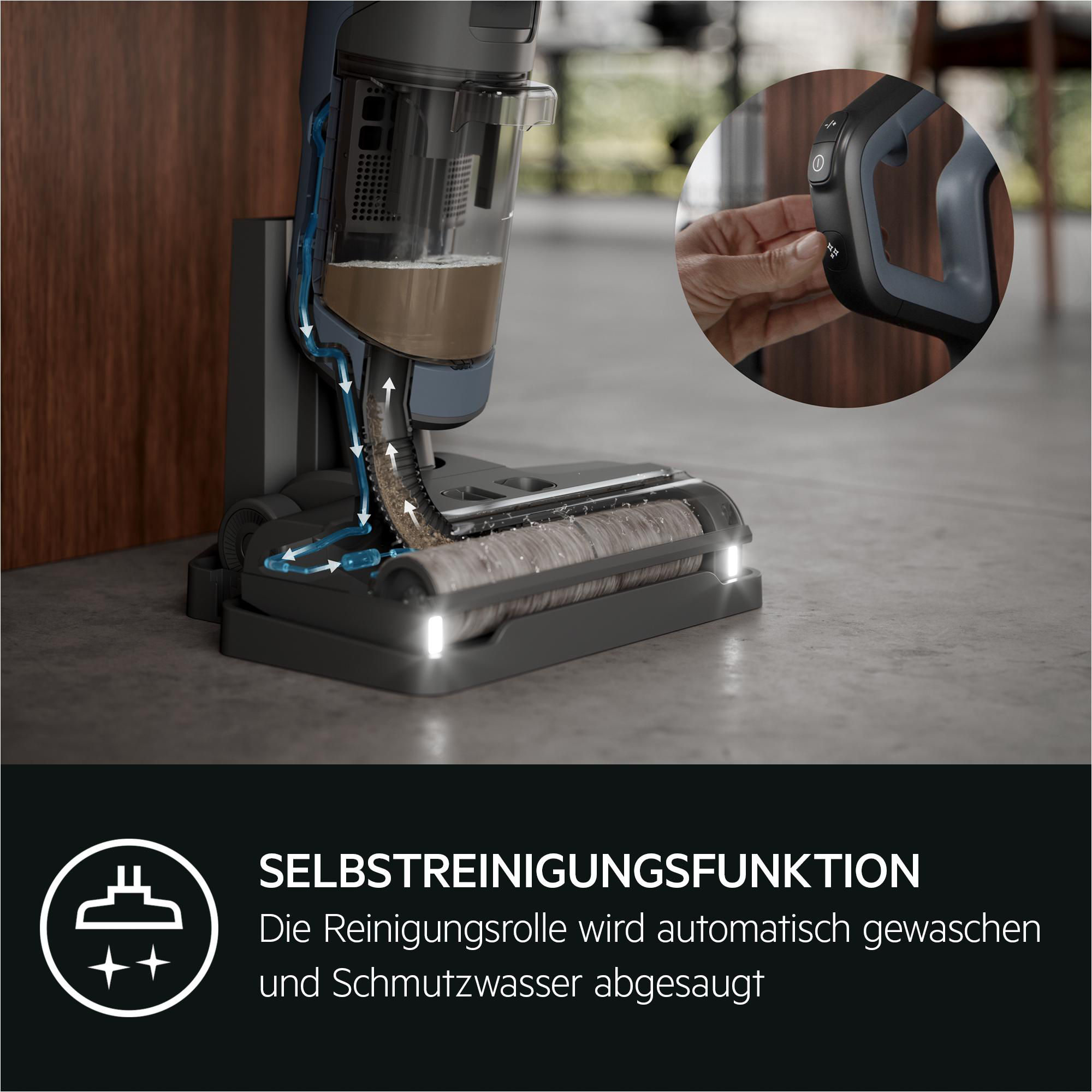 Ein Staubsauger mit Selbstreinigungsfunktion. Wasser fließt hindurch.